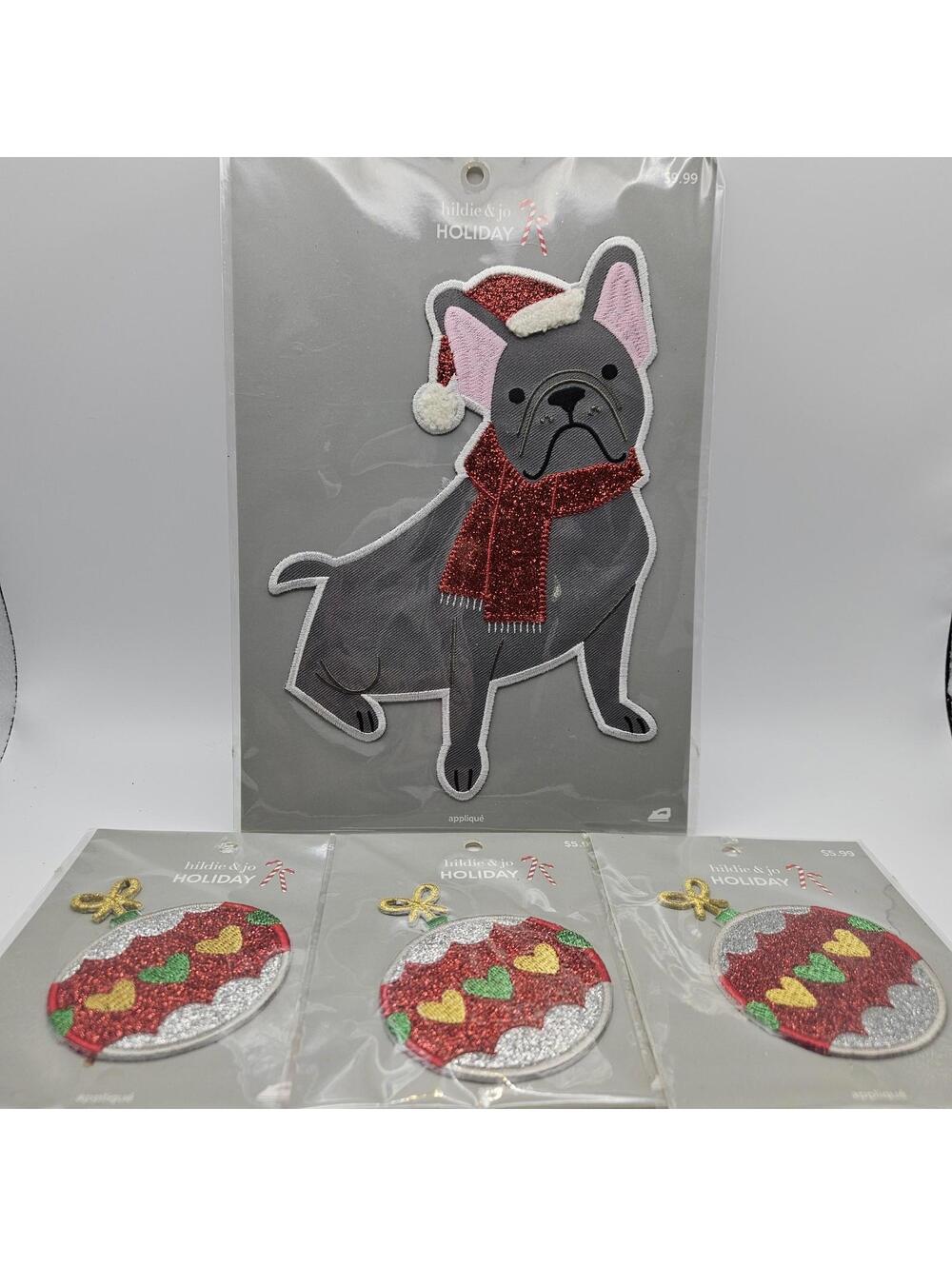 Hildie & Jo Large Gray French Bulldog With 3 Ornament Iron-On Patch Appliques
